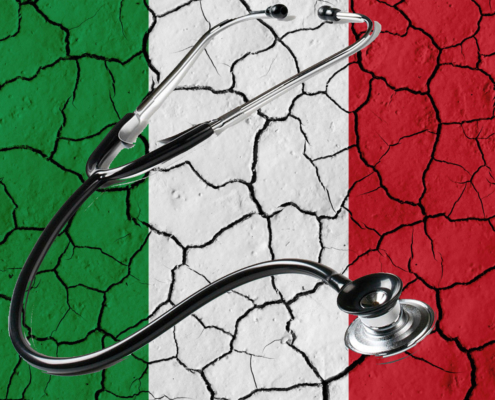 sistema sanitario nazionale, nell'immagine la bandiera italiana rappresentata come un muro in pezzi e davanti uno stetoscopio