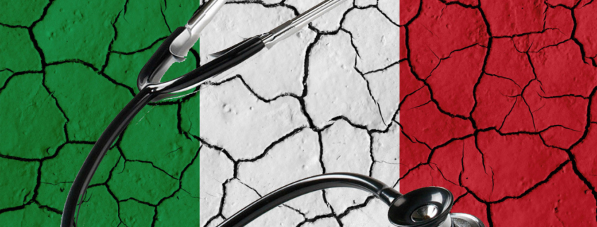 sistema sanitario nazionale, nell'immagine la bandiera italiana rappresentata come un muro in pezzi e davanti uno stetoscopio