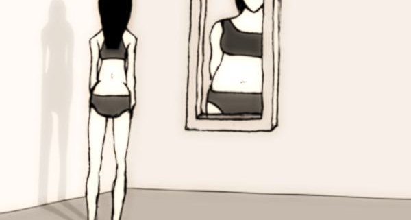 disturbi dell'alimentazione, il disegno di una bambina che si specchia e si vede grassa