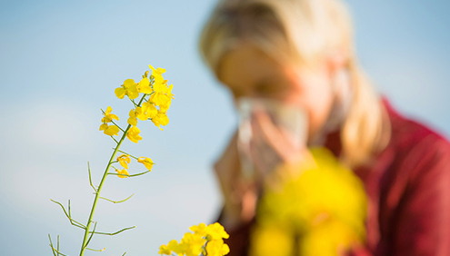 allergie: una donna si soffia il naso vicino a dei fiori