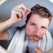 capelli grigi e stress, un uomo si specchia