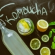 kombucha tè, top view on homemade kombucha with fruits