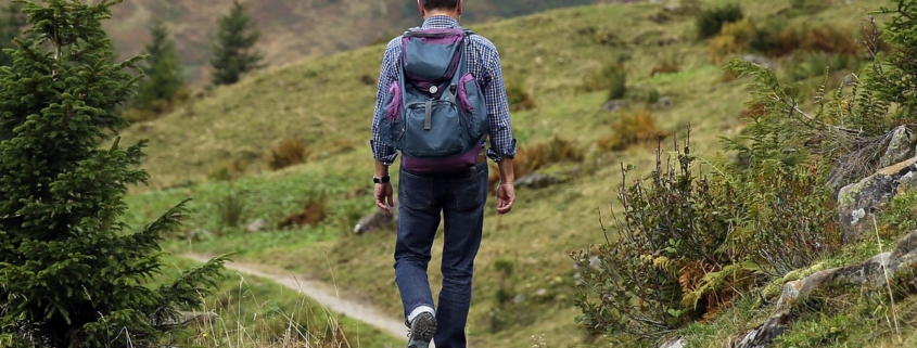 trekking, un uomo passeggia lungo un sentiero di montagna