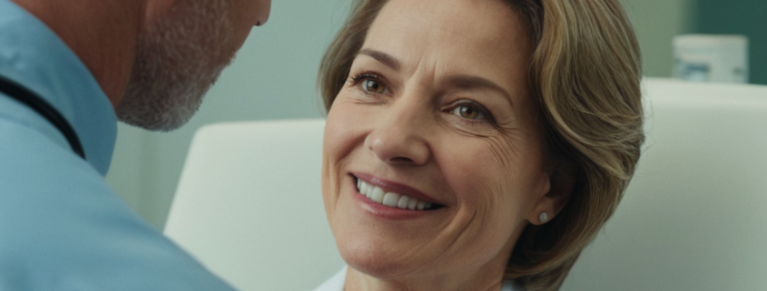 menopausa, una donna durante una visita medica sorride al dottore che la sta rassicurando