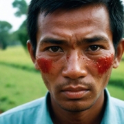 uomo cambogiano che mostra sintomi di influenza con le gote arrossate