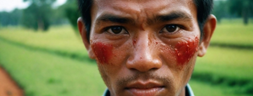 uomo cambogiano che mostra sintomi di influenza con le gote arrossate