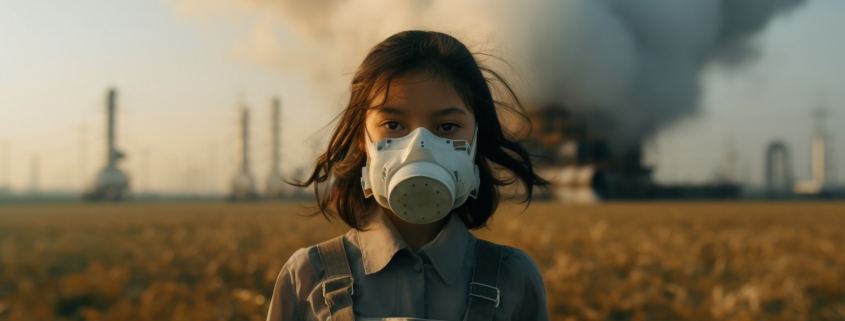 dermatite atopica una bambina indossa una maschera anti gas per l'inquinamento