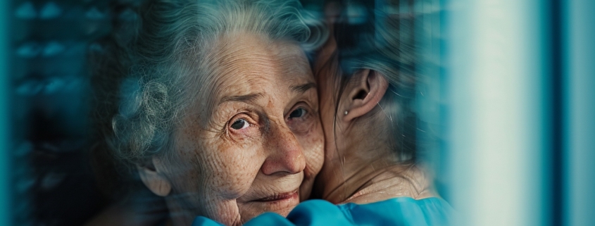 malattia di alzheimer, una donna abbraccia una donna anziana