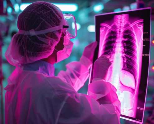 tumori, ipoparatiroidismo, una dottoressa che indossa un camice bianco e degli occhiali di protezione che guarda una radiografia