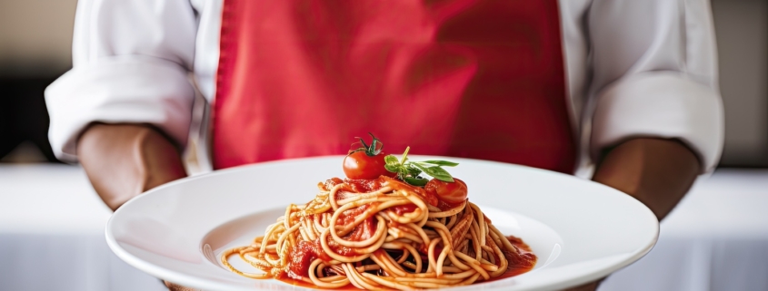 carboidrati, uno chef regge un piatto di pasta al sugo