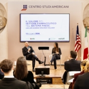 marcello cattani (farmindustria), sofia gorgoni (giornalista), durante l'evento promosso da sanofi sul valore dell'industria farmaceutica al centro studi americani