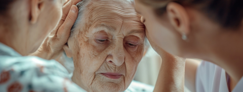 una donna anziana affetta da alzheimer con le figlie