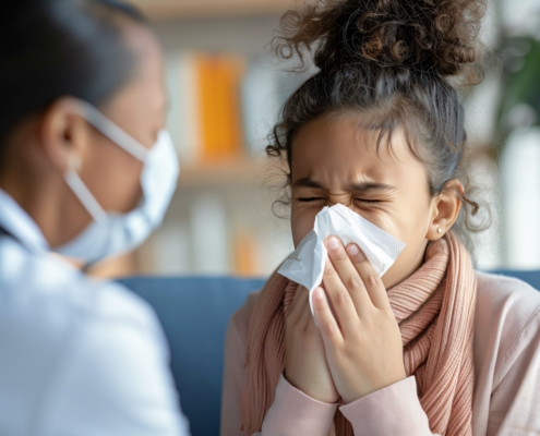 malattie respiratorie, una bambina si soffia il naso e un medico con la mascherina la visita