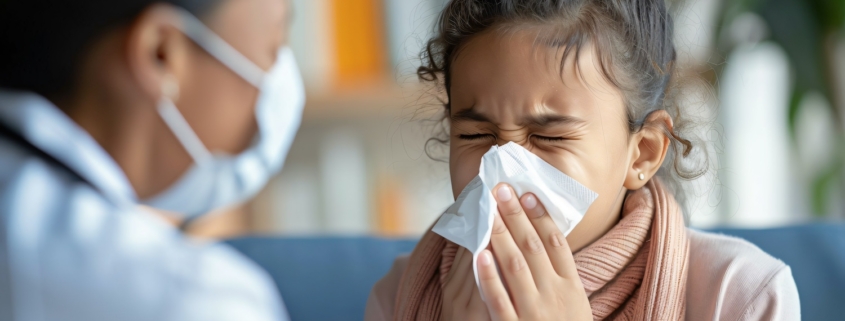 malattie respiratorie, una bambina si soffia il naso e un medico con la mascherina la visita