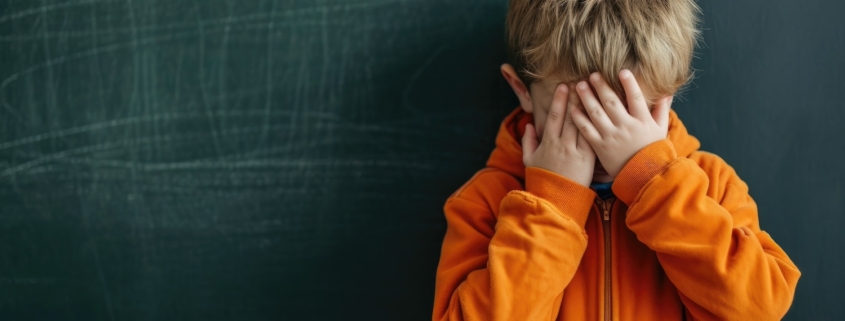 dsa un bambino alla lavagna si copre il volto con le mani in segno di vergogna