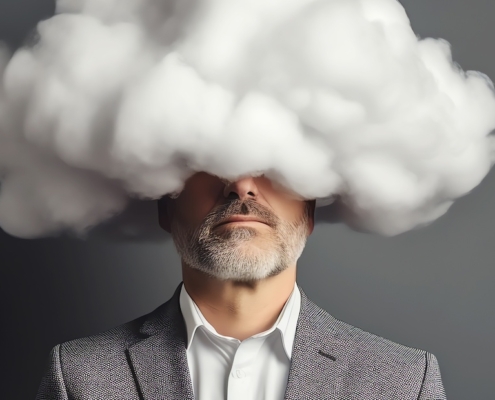 demenza e alzheimer uomo con la testa tra le nuvole, immagine generata dall'intelligenza artificiale.