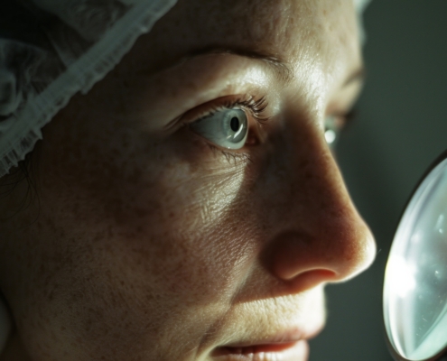 salute degli occhi: un primo piano di una donna che guarda attraverso una lente di ingrandimento