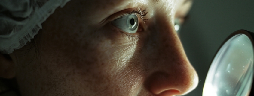 salute degli occhi: un primo piano di una donna che guarda attraverso una lente di ingrandimento