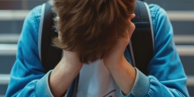 gogna social, un giovane con aria affrantra siede sulle scale della scuola