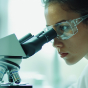 trombocitopenia immune una ricercatrice guarda in un microscopio