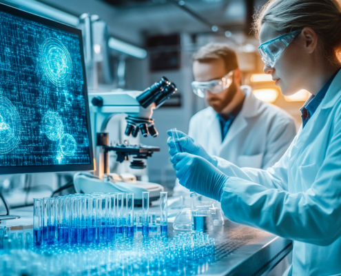 vaccino anticancro, due ricercatori lavorano al computer in un laboratorio