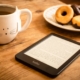 reading, refreshments, e-reader, doughnuts, donuts, dessert, tea, book, e-book, snack, reading, reading, tea, tea, book, book, book, book, book