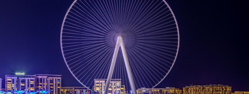 ferris wheel, landscape, dubai, nature, u a e, night, lights, architecture, lighting, skyline, large, cityscape, round, water, sea, perspective, night photograph