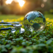 clima e salute, immagine con un prato sul quale sono poggiati un modellino di pianeta terra e uno stetoscopio medico