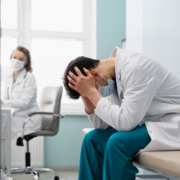 medici e infermieri, un medico stressato con le mani alla testa