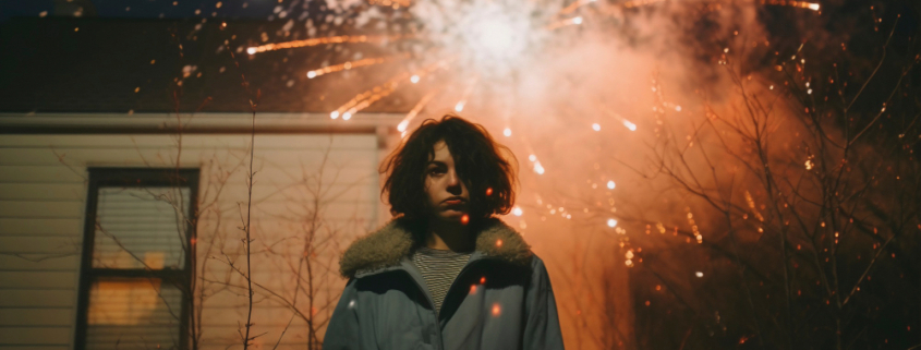 capodanno, una ragazza e sullo sfondo i fuochi