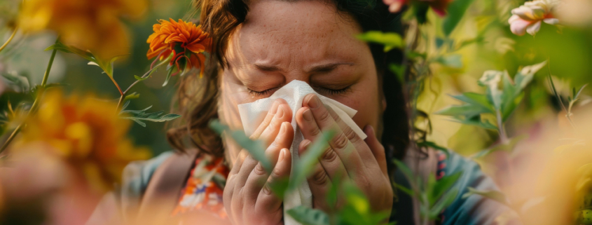 una donna alle prese con le allergie primaverili
