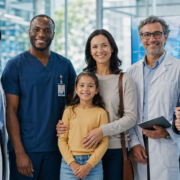 un gruppo eterogeneo di professionisti della salute e della ricerca posa in un moderno laboratorio medico insieme a una madre e a una bambina.