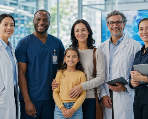 un gruppo eterogeneo di professionisti della salute e della ricerca posa in un moderno laboratorio medico insieme a una madre e a una bambina.