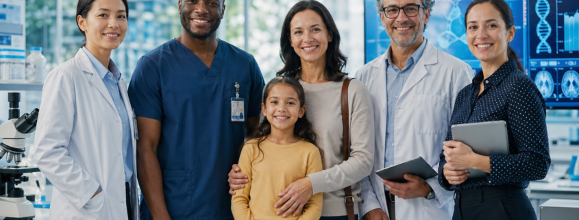 un gruppo eterogeneo di professionisti della salute e della ricerca posa in un moderno laboratorio medico insieme a una madre e a una bambina.