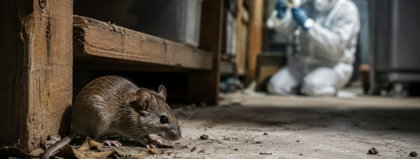 sull’hantavirus: un roditore in primo piano in un ambiente chiuso, mentre sullo sfondo un operatore in tuta protettiva ispeziona l’area, richiamando i rischi di contagio e l’importanza della prevenzione