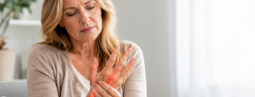 donna con dolore alle mani e infiammazione articolare, immagine informativa dedicata all’artrite reumatoide, ai suoi sintomi e alle terapie disponibili