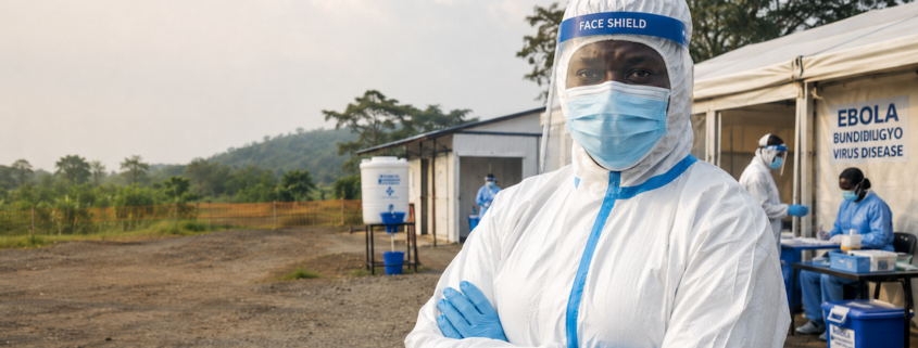 ebola un uomo in tuta di contenimento biologico