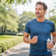 uomo di circa 40 anni corre in un parco luminoso e verde, con abbigliamento sportivo, smartwatch e bottiglia d’acqua.