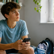 un adolescente usa il cellulare dopo la fine della scuola
