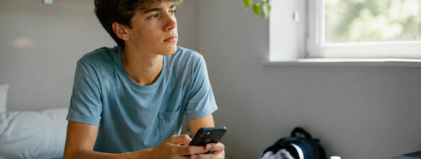 un adolescente usa il cellulare dopo la fine della scuola