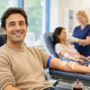 un uomo ritratto nell'atto di donare sangue