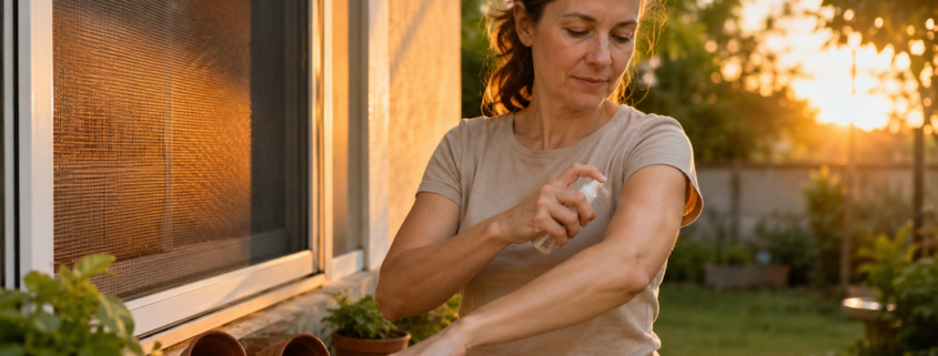 una donna in giardino usa uno spray come protezione dalle zanzare