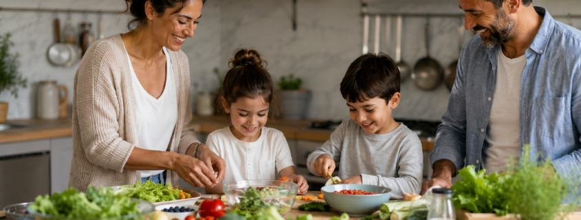 obesità, una famiglia che prepara il pranzo