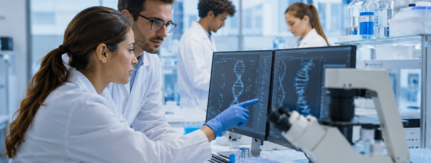 ricercatori a lavoro su una nalattia genetica rara del neurosviluppo