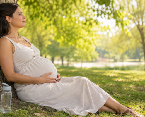 una donna in gravidanza si protegge dal caldo