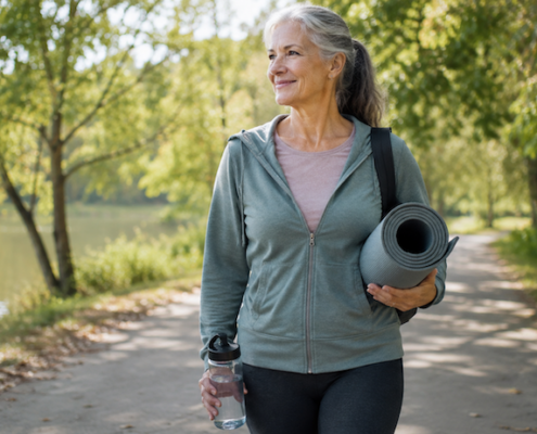 una donna in menopausa fa sport nel parco