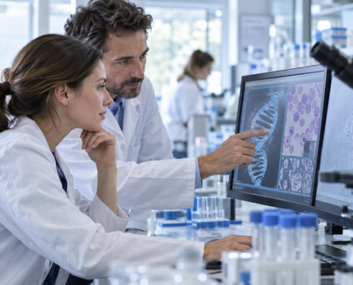 due ricercatori studiano il tumore al fegato
